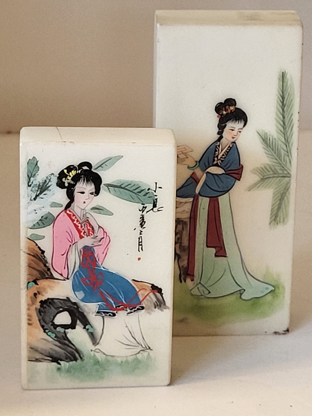 Vintage Chinese Hand-Painted Marble Paperweight Pair